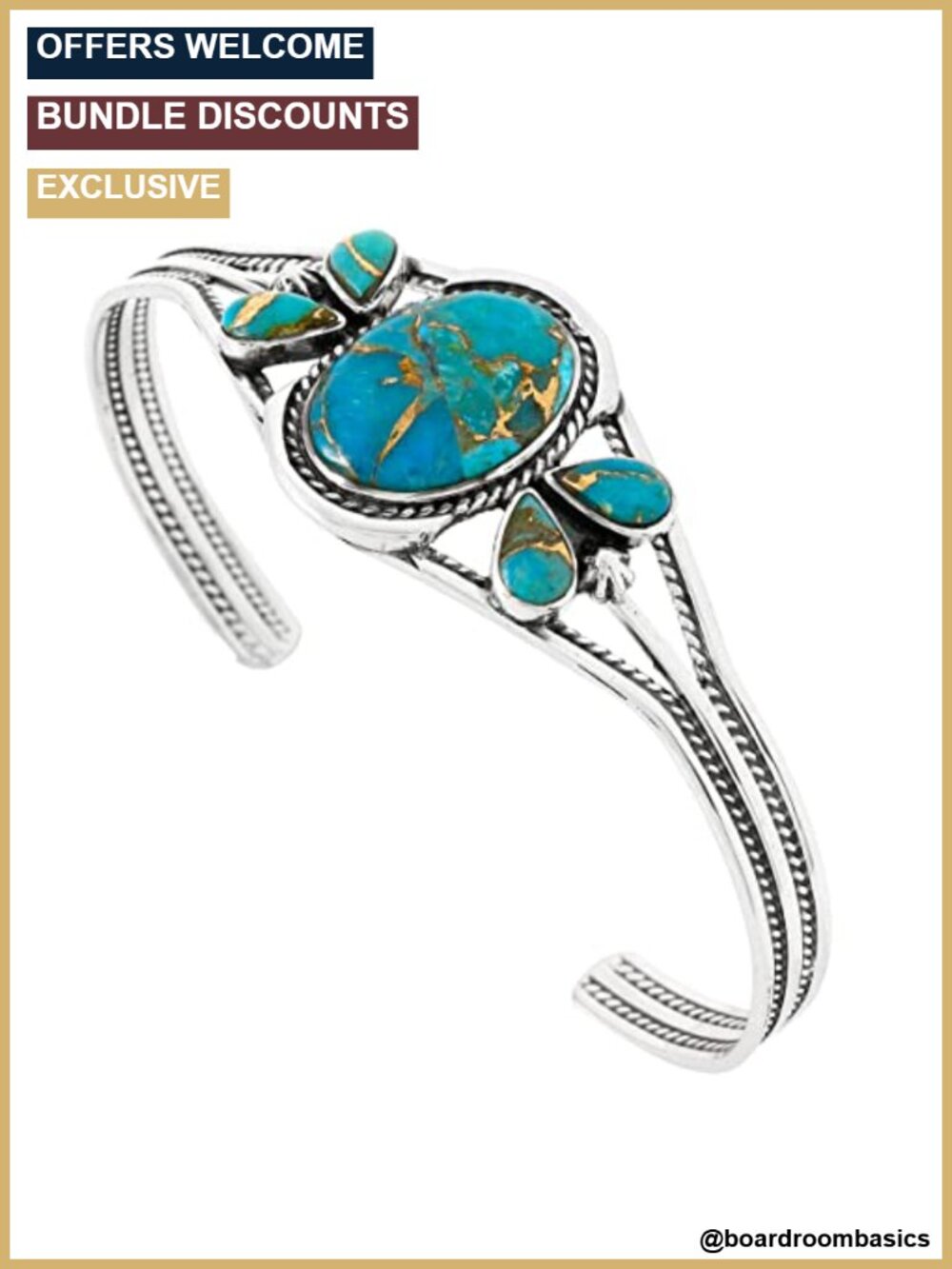 Sterling Silver 925 Turquoise Cuff Bracelet Adjustable Gemstone